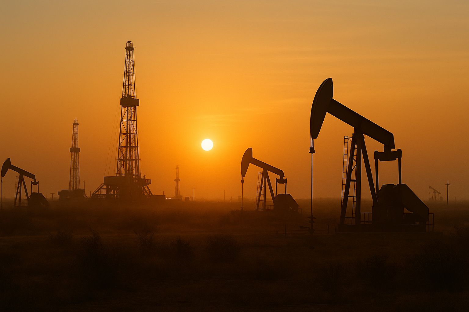 Texas oilfield at sunset with modern energy infrastructure